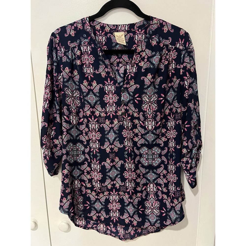 Faded Glory Womens Top Blue Pink Floral‎ Size Medium 8-10 Paisley Sparkle